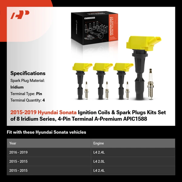 2015-2019 Hyundai Sonata Ignition Coils & Spark Plugs Kits Set of 8 Iridium Series, 4-Pin Terminal A-Premium APIC1588