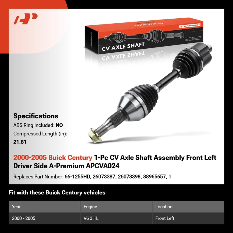 2000-2005 Buick Century 1-Pc CV Axle Shaft Assembly Front Left Driver Side A-Premium APCVA024