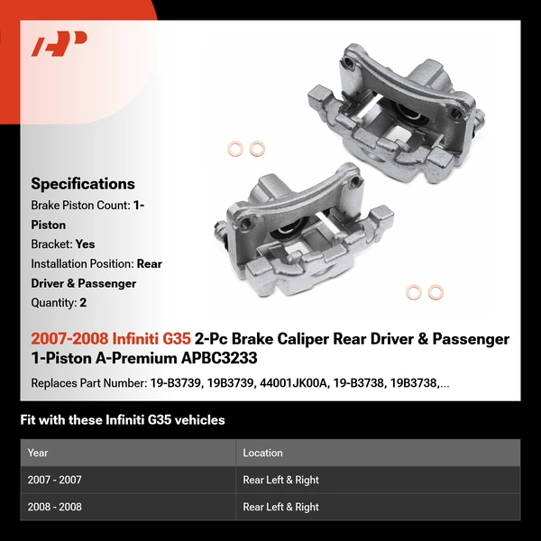 2007-2008 Infiniti G35 2-Pc Brake Caliper Rear Driver & Passenger 1-Piston A-Premium APBC3233