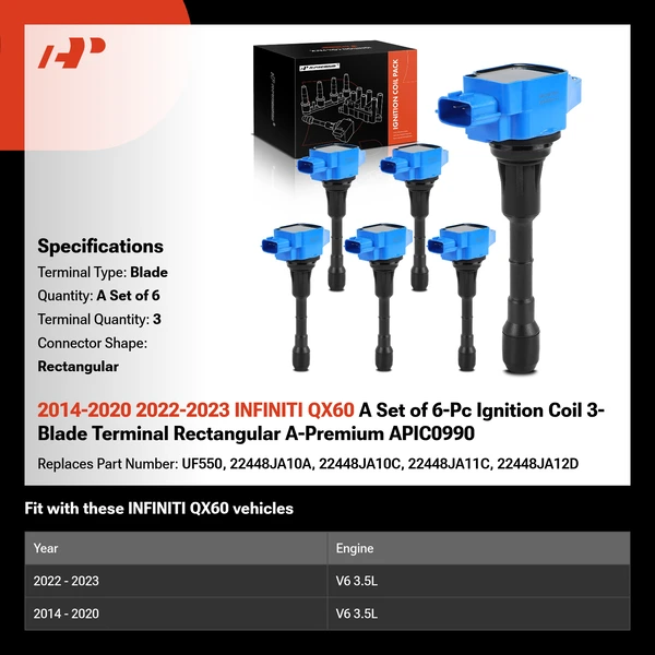 2014-2020 2022-2023 INFINITI QX60 A Set of 6-Pc Ignition Coil 3-Blade Terminal Rectangular A-Premium APIC0990