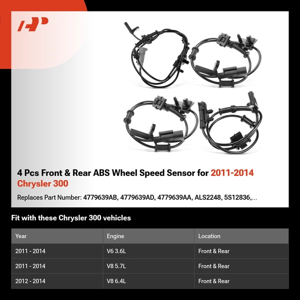 4 Pcs Front & Rear ABS Wheel Speed Sensor for 2011-2014 Chrysler 300