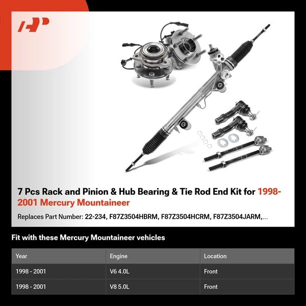 7 Pcs Rack and Pinion & Hub Bearing & Tie Rod End Kit for 1998-2001 Mercury Mountaineer