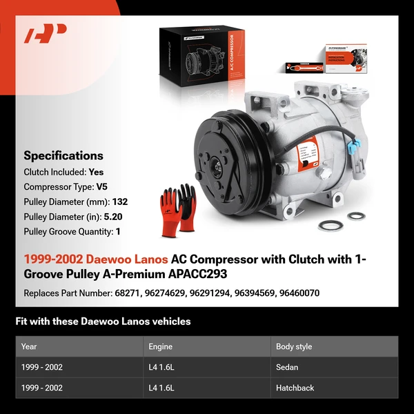 1999-2002 Daewoo Lanos AC Compressor with Clutch with 1-Groove Pulley A-Premium APACC293