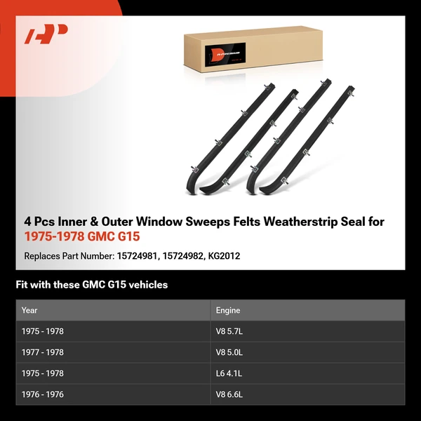 4 Pcs Inner & Outer Window Sweeps Felts Weatherstrip Seal for 1975-1978 GMC G15