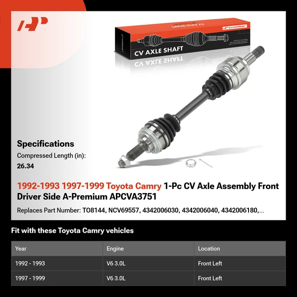 1992-1993 1997-1999 Toyota Camry 1-Pc CV Axle Assembly Front Driver Side A-Premium APCVA3751
