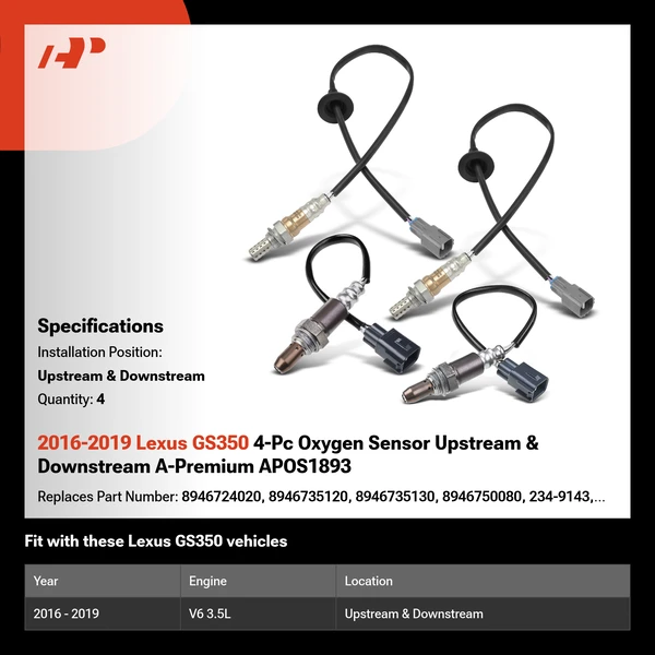 2016-2019 Lexus GS350 4-Pc Oxygen Sensor Upstream & Downstream A-Premium APOS1893