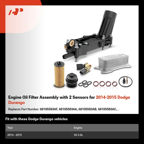 Engine Oil Filter Assembly with 2 Sensors for 2014-2015 Dodge Durango