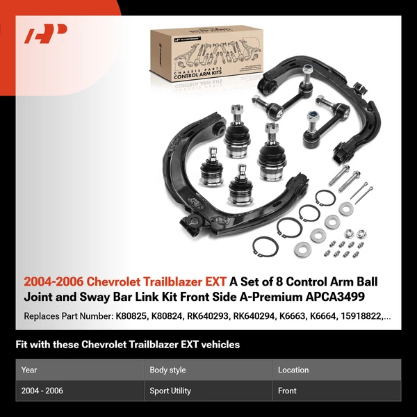 2004-2006 Chevrolet Trailblazer EXT A Set of 8 Control Arm Ball Joint and Sway Bar Link Kit Front Side A-Premium APCA3499