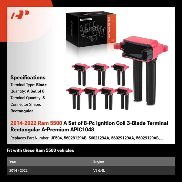 2014-2022 Ram 5500 A Set of 8-Pc Ignition Coil 3-Blade Terminal Rectangular A-Premium APIC1048
