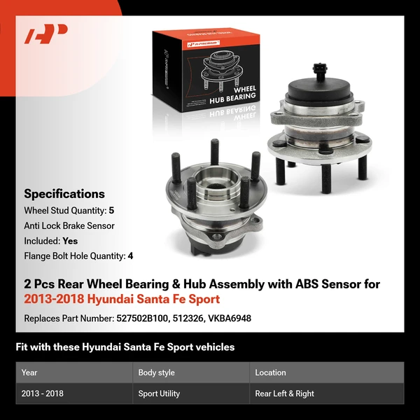 2 Pcs Rear Wheel Bearing & Hub Assembly with ABS Sensor for 2013-2018 Hyundai Santa Fe Sport