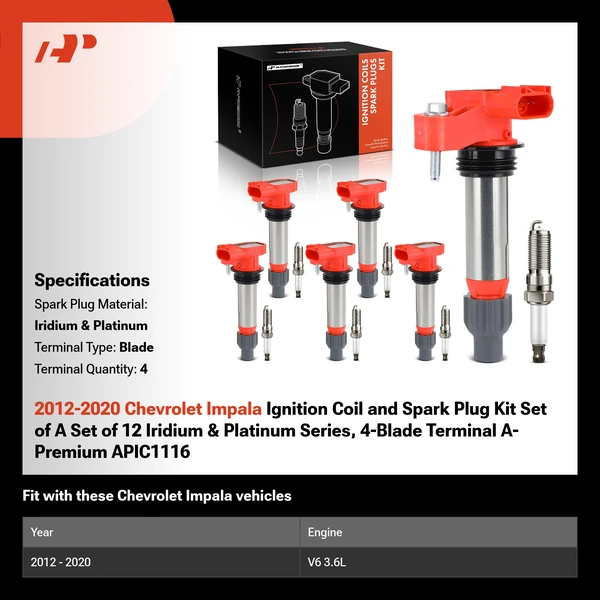 2012-2020 Chevrolet Impala Ignition Coil and Spark Plug Kit Set of A Set of 12 Iridium & Platinum Series, 4-Blade Terminal A-Premium APIC1116