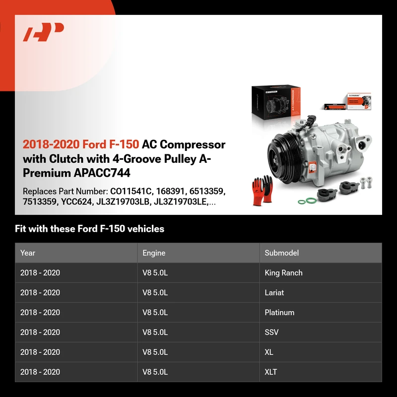 2018-2020 Ford F-150 AC Compressor with Clutch with 4-Groove Pulley A-Premium APACC744
