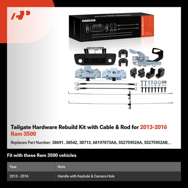 Tailgate Hardware Rebuild Kit with Cable & Rod for 2013-2016 Ram 3500