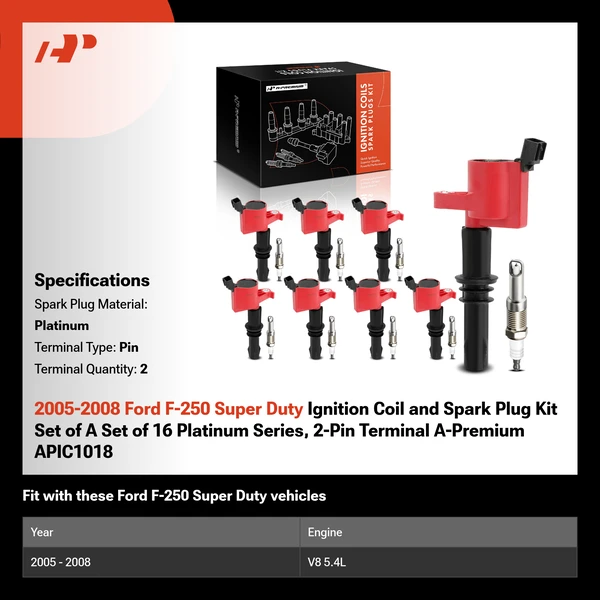 2005-2008 Ford F-250 Super Duty Ignition Coil and Spark Plug Kit Set of A Set of 16 Platinum Series, 2-Pin Terminal A-Premium APIC1018