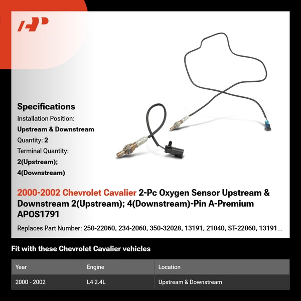 2000-2002 Chevrolet Cavalier 2-Pc Oxygen Sensor Upstream & Downstream 2(Upstream); 4(Downstream)-Pin A-Premium APOS1791