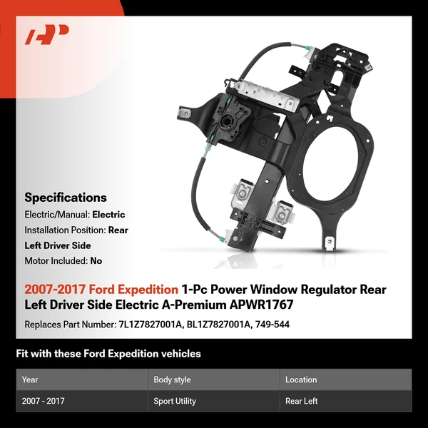 2007-2017 Ford Expedition 1-Pc Power Window Regulator Rear Left Driver Side Electric A-Premium APWR1767