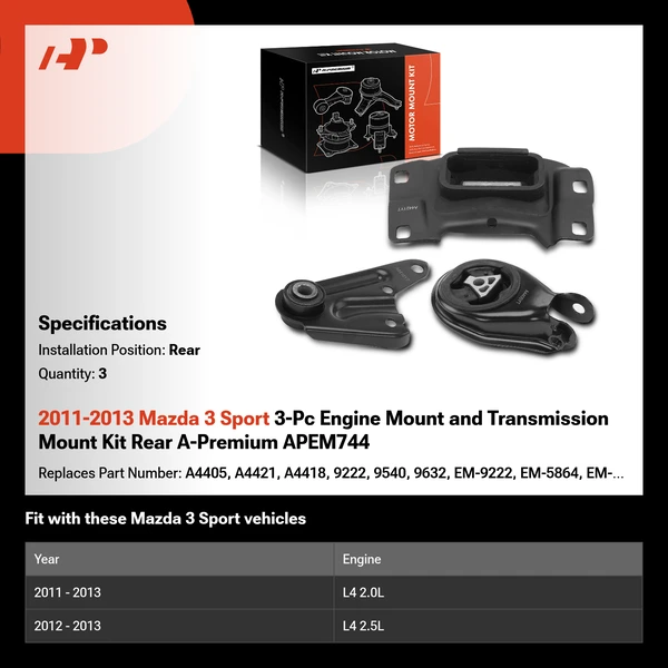2011-2013 Mazda 3 Sport 3-Pc Engine Mount and Transmission Mount Kit Rear A-Premium APEM744