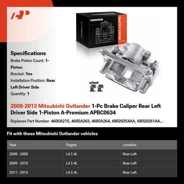 2008-2013 Mitsubishi Outlander 1-Pc Brake Caliper Rear Left Driver Side 1-Piston A-Premium APBC0634