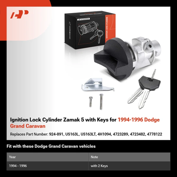 Ignition Lock Cylinder Zamak 5 with Keys for 1994-1996 Dodge Grand Caravan
