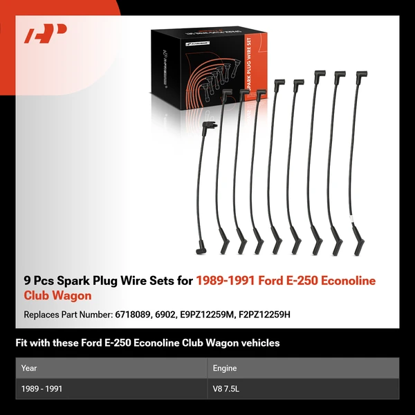 9 Pcs Spark Plug Wire Sets for 1989-1991 Ford E-250 Econoline Club Wagon