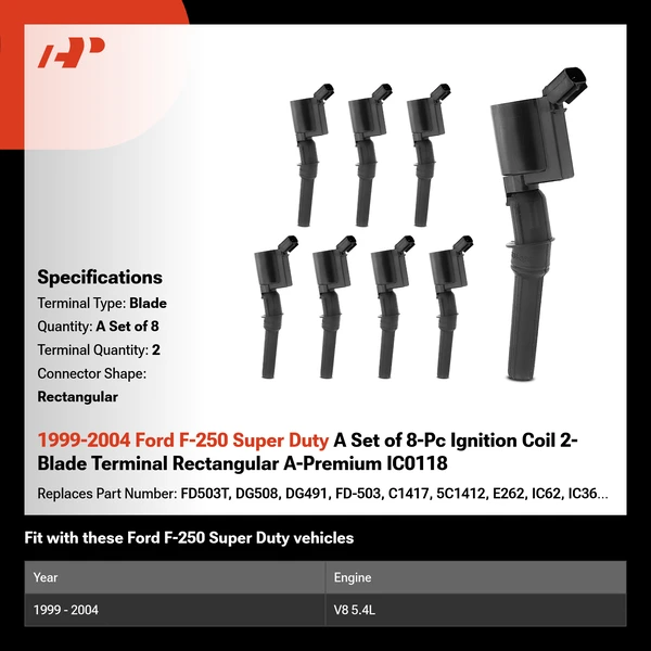 1999-2004 Ford F-250 Super Duty A Set of 8-Pc Ignition Coil 2-Blade Terminal Rectangular A-Premium IC0118