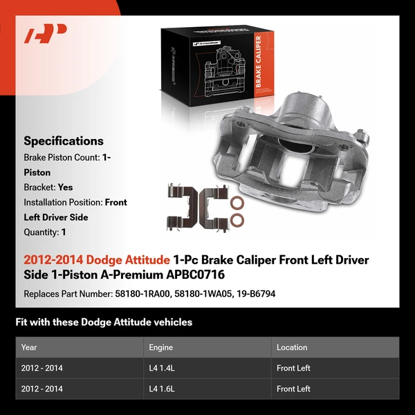 2012-2014 Dodge Attitude 1-Pc Brake Caliper Front Left Driver Side 1-Piston A-Premium APBC0716
