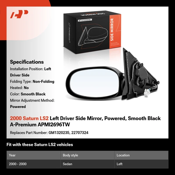 2000 Saturn LS2 Left Driver Side Mirror, Powered, Smooth Black A-Premium APMI2696TW