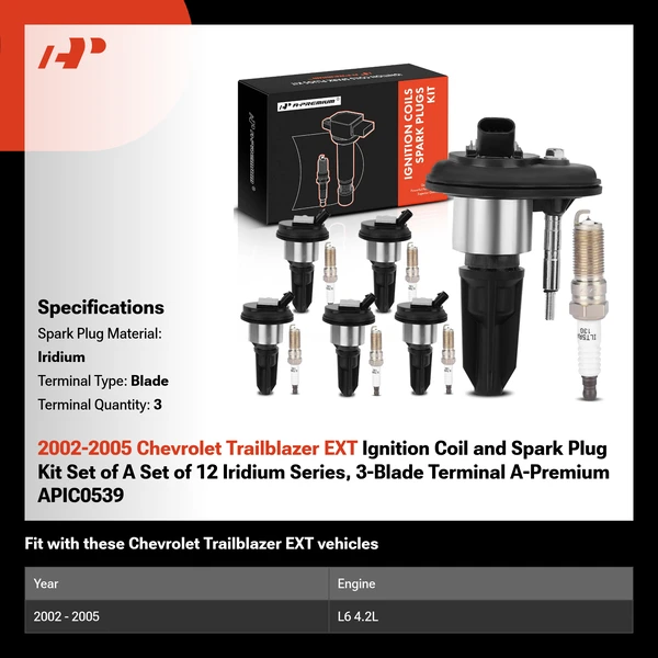 2002-2005 Chevrolet Trailblazer EXT Ignition Coil and Spark Plug Kit Set of A Set of 12 Iridium Series, 3-Blade Terminal A-Premium APIC0539