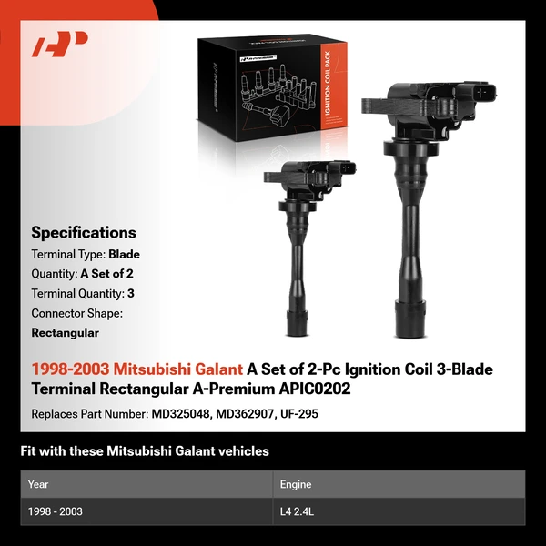 1998-2003 Mitsubishi Galant A Set of 2-Pc Ignition Coil 3-Blade Terminal Rectangular A-Premium APIC0202