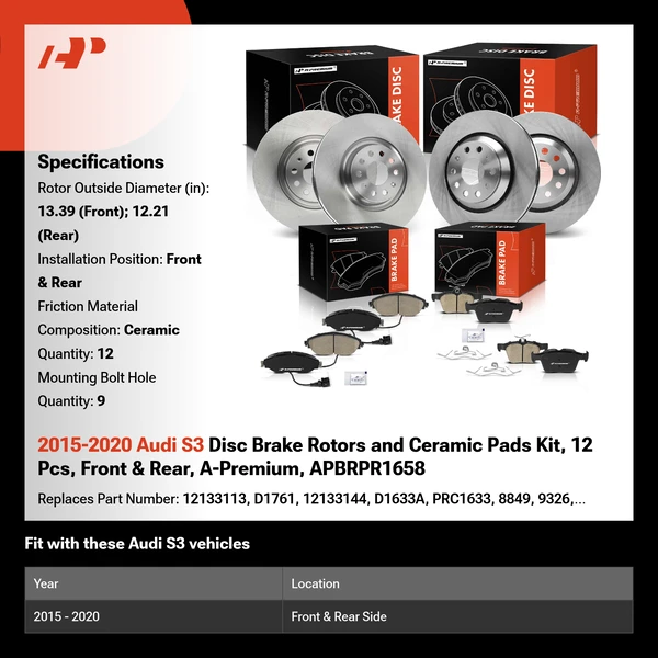 2015-2020 Audi S3 Disc Brake Rotors and Ceramic Pads Kit, 12 Pcs, Front & Rear, A-Premium, APBRPR1658