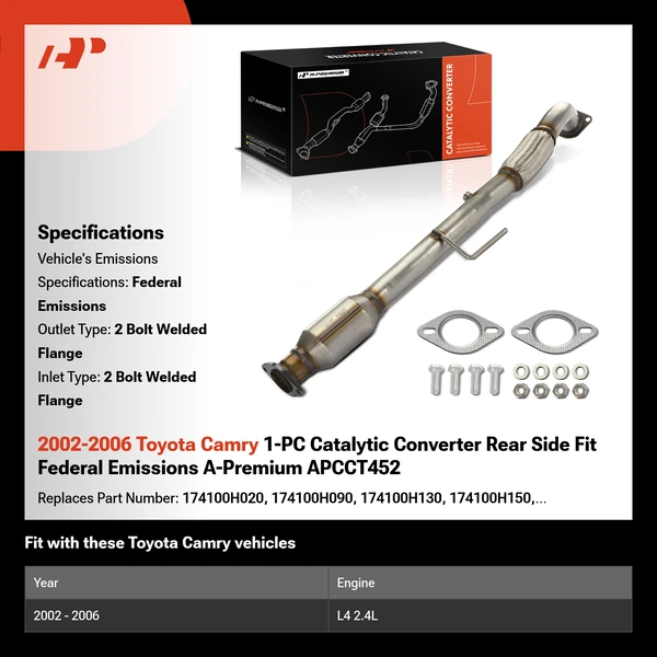 2002-2006 Toyota Camry 1-PC Catalytic Converter Rear Side Fit Federal Emissions A-Premium APCCT452