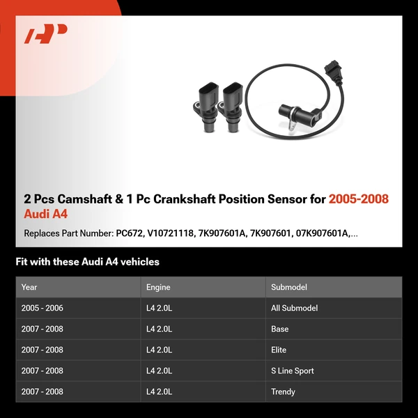 2 Pcs Camshaft & 1 Pc Crankshaft Position Sensor for 2005-2008 Audi A4
