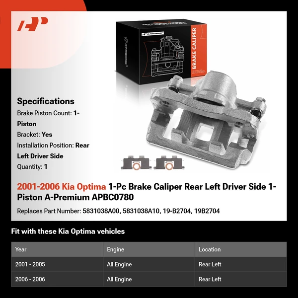2001-2006 Kia Optima 1-Pc Brake Caliper Rear Left Driver Side 1-Piston A-Premium APBC0780