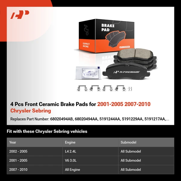 4 Pcs Front Ceramic Brake Pads for 2001-2005 2007-2010 Chrysler Sebring