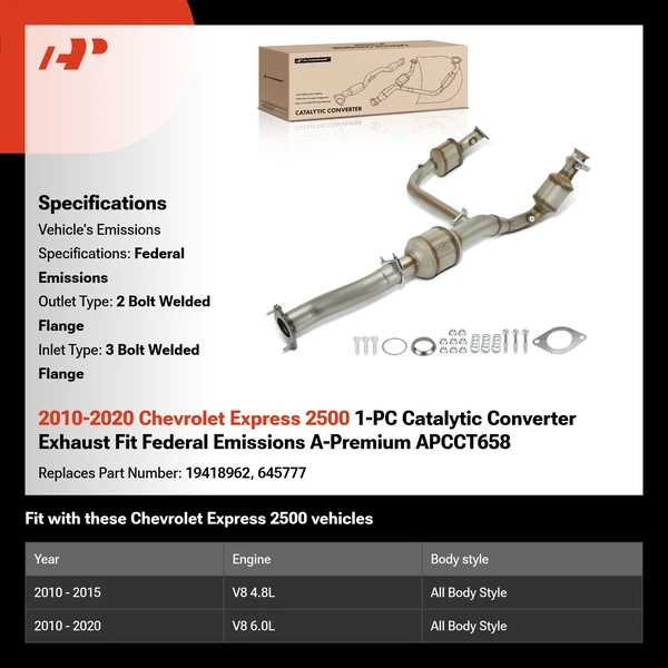 2010-2020 Chevrolet Express 2500 1-PC Catalytic Converter Exhaust Fit Federal Emissions A-Premium APCCT658