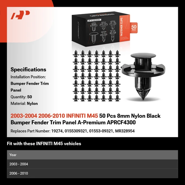 2003-2004 2006-2010 INFINITI M45 50 Pcs 8mm Nylon Black Bumper Fender Trim Panel A-Premium APRCF4300