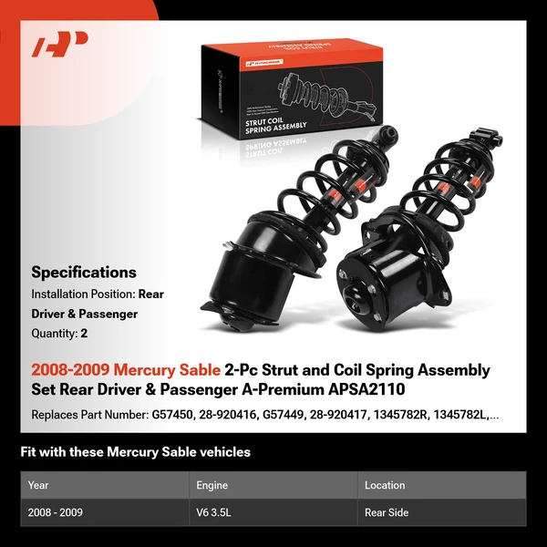 2008-2009 Mercury Sable 2-Pc Strut and Coil Spring Assembly Set Rear Driver & Passenger A-Premium APSA2110