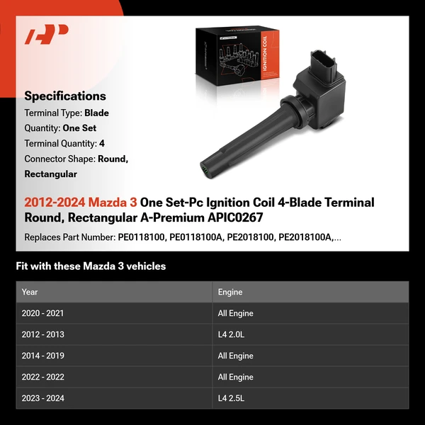 2012-2024 Mazda 3 One Set-Pc Ignition Coil 4-Blade Terminal Round, Rectangular A-Premium APIC0267