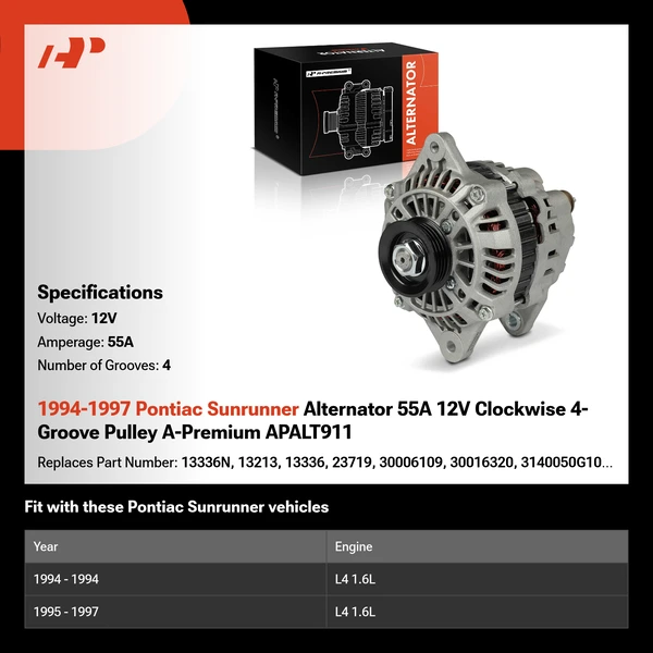 1994-1997 Pontiac Sunrunner Alternator 55A 12V Clockwise 4-Groove Pulley A-Premium APALT911