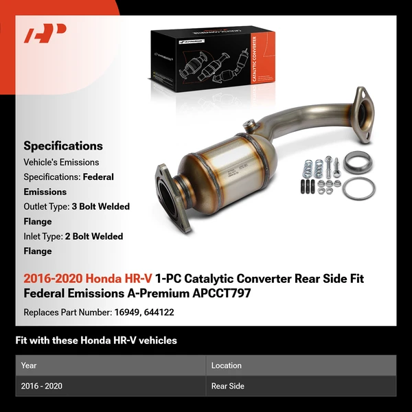2016-2020 Honda HR-V 1-PC Catalytic Converter Rear Side Fit Federal Emissions A-Premium APCCT797