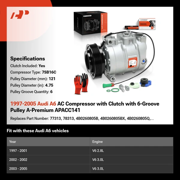 1997-2005 Audi A6 AC Compressor with Clutch with 6-Groove Pulley A-Premium APACC141