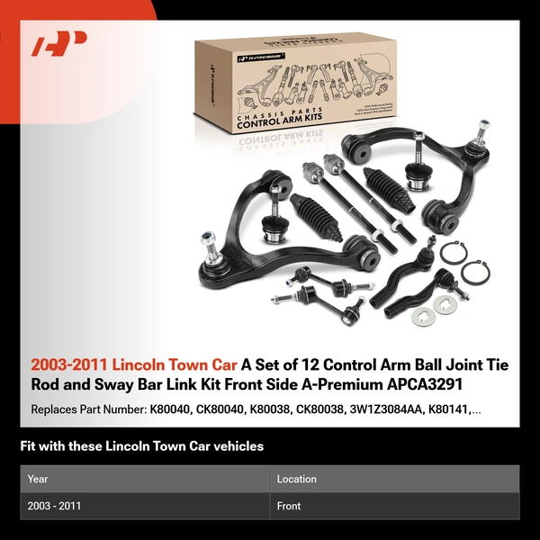 2003-2011 Lincoln Town Car A Set of 12 Control Arm Ball Joint Tie Rod and Sway Bar Link Kit Front Side A-Premium APCA3291