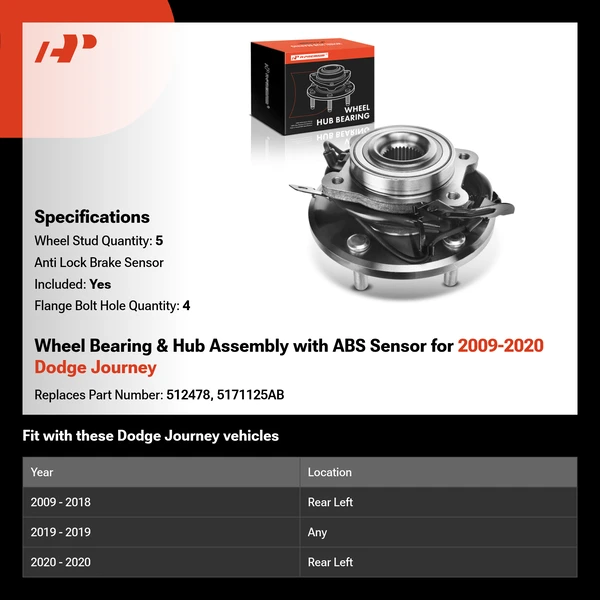 Wheel Bearing & Hub Assembly with ABS Sensor for 2009-2020 Dodge Journey