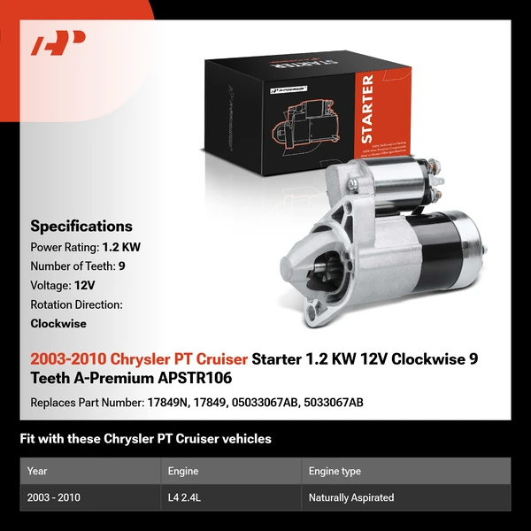 2003-2010 Chrysler PT Cruiser Starter 1.2 KW 12V Clockwise 9 Teeth A-Premium APSTR106