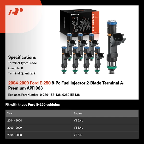 2004-2009 Ford E-250 8-Pc Fuel Injector 2-Blade Terminal A-Premium APFI063