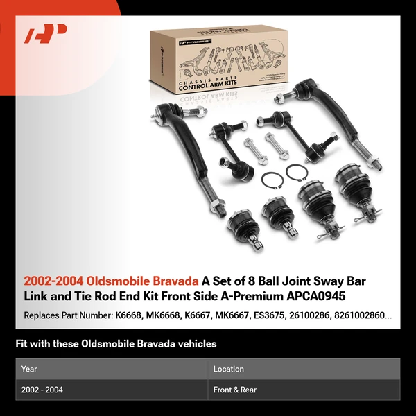 2002-2004 Oldsmobile Bravada A Set of 8 Ball Joint Sway Bar Link and Tie Rod End Kit Front Side A-Premium APCA0945