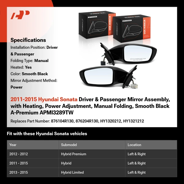 2011-2015 Hyundai Sonata Driver & Passenger Mirror Assembly, with Heating, Power Adjustment, Manual Folding, Smooth Black A-Premium APMI3289TW