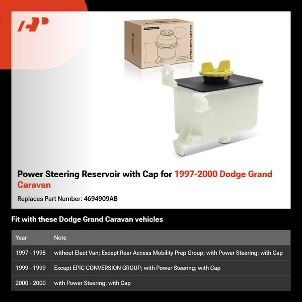 Power Steering Reservoir with Cap for 1997-2000 Dodge Grand Caravan