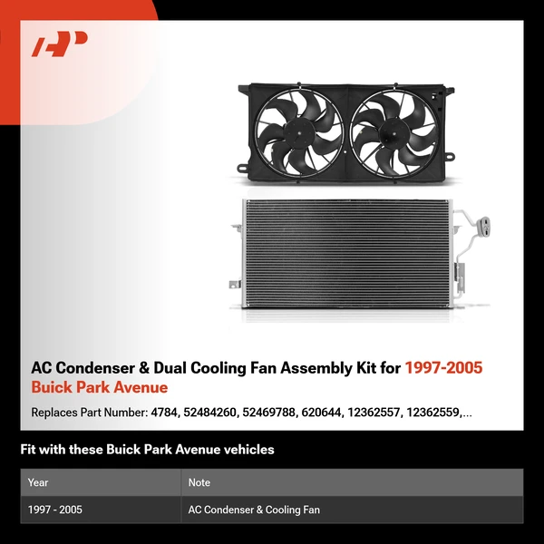 AC Condenser & Dual Cooling Fan Assembly Kit for 1997-2005 Buick Park Avenue
