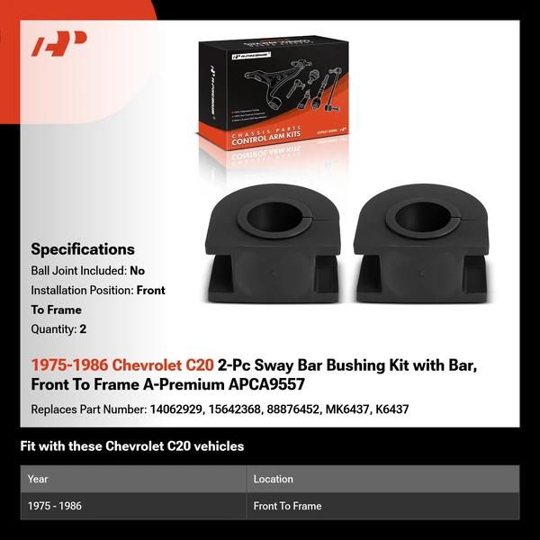 1975-1986 Chevrolet C20 2-Pc Sway Bar Bushing Kit with Bar, Front To Frame A-Premium APCA9557